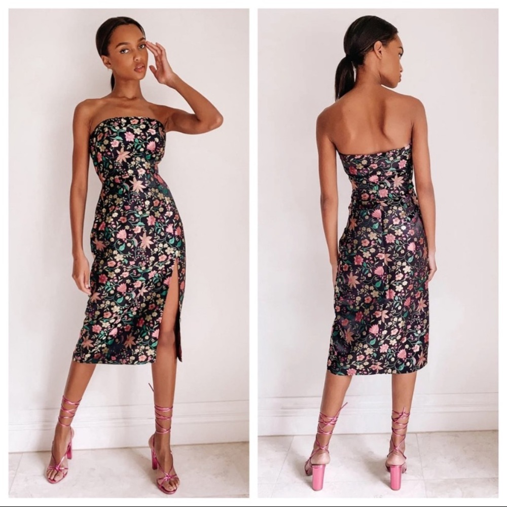 Lulus Make a Move Black Satin Floral Jacquard Strapless Midi Dress